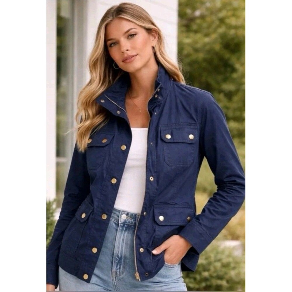 J Crew Downtown Field Jacket Waxed Cotton Utility Gold Buttons Elbow Patches S